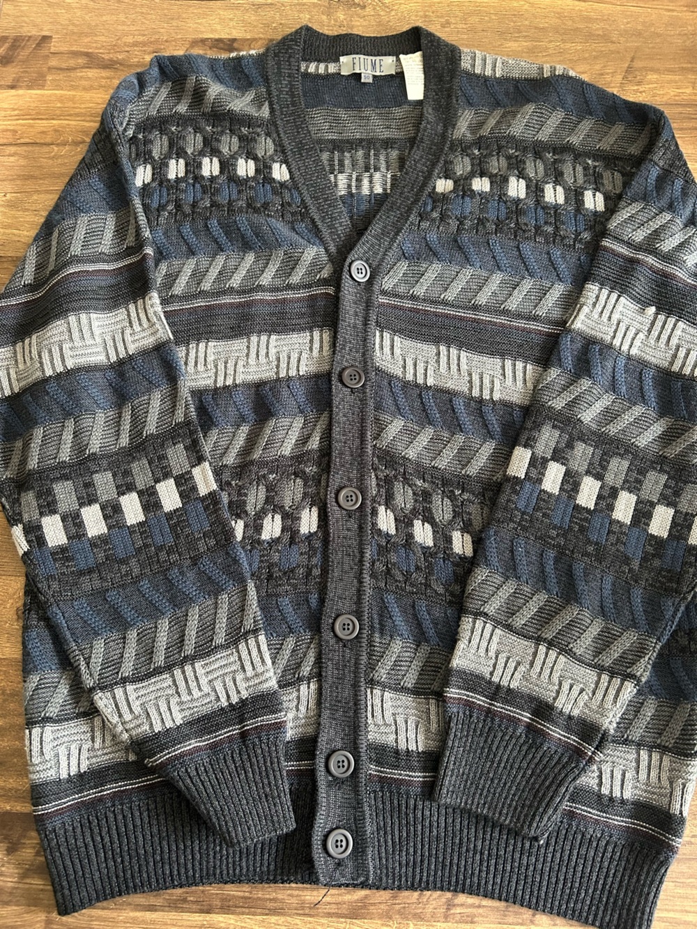 Vintage Fiume Italy Merino Wool Blend 3D Geometric Knit Cardigan Size 50 (L/XL)